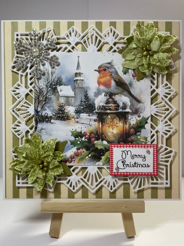 6X6" Handmade Christmas Card Topper - Village Church - Robin - Glitter Poinsettias - Image 3