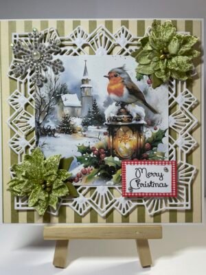 6X6" Handmade Christmas Card Topper - Village Church - Robin - Glitter Poinsettias