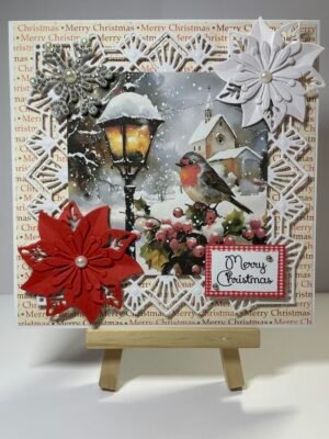 6X6" Handmade Christmas Card Topper - Robin - Snowy Village Church - Lantern