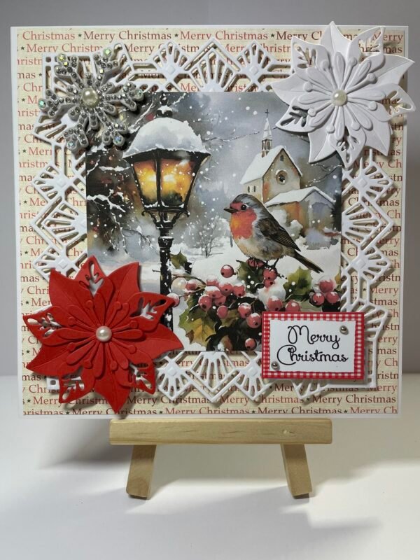 6X6" Handmade Christmas Card Topper - Robin - Snowy Village Church - Lantern