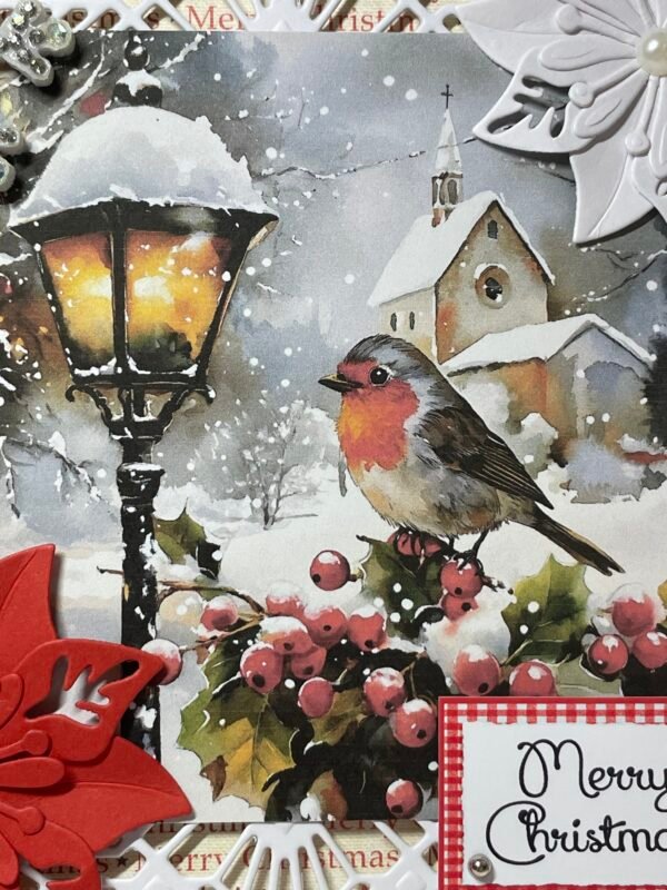 6X6" Handmade Christmas Card Topper - Robin - Snowy Village Church - Lantern - Image 2