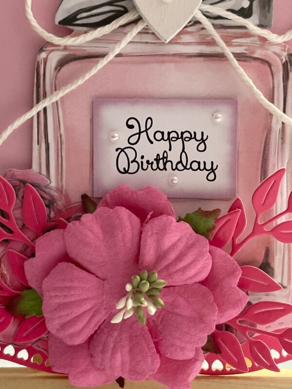 6X6" Handmade 3D Birthday Card Topper - Floral - Perfume Bottle - Pink - Image 2