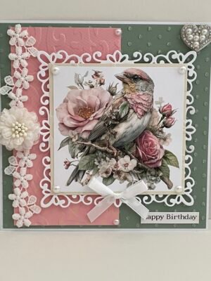 Luxury 3D Handmade Birthday Card Topper - Shabby Bird- Embossed Cardstock - Lace