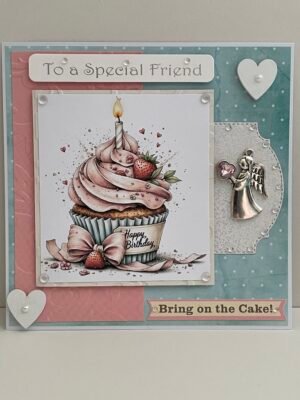 6x6" Handmade 3D Card Topper - Birthday Cup Cake - Silver Angel -FRIEND
