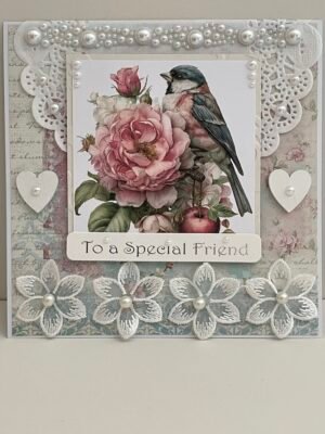 Luxury 3D Handmade Card Topper - Shabby Bird - Special Friend - Lace Flowers
