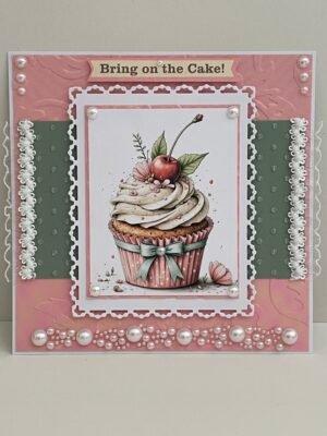 6x6" 3D card Topper - Cherry Cupcake - Embossed Cardstock - Lace Trim - Pearls