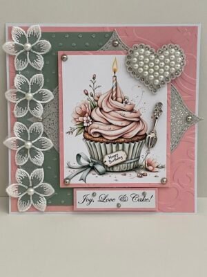 Luxury 3D Handmade Card Topper - Birthday Cupcake - Metal Fork - Lace flowers - Pearls