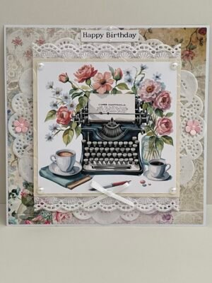 6x6" 3D Handmade Card Topper - Shabby Chic Typewriter - Lace - Floral