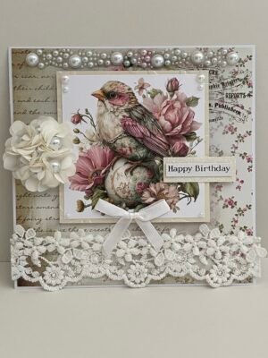 6x6" Luxury 3D Handmade Birthday Card Topper - Lace - Shabby Bird - Pearls