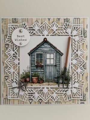 Male 3D Handmade Card Topper - All Occasion - Garden Shed - Pitchfork - Bee