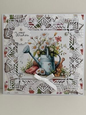 All Occasion 3D Handmade Gardening Card Topper. Watering Can - Spring Flowers -Bow