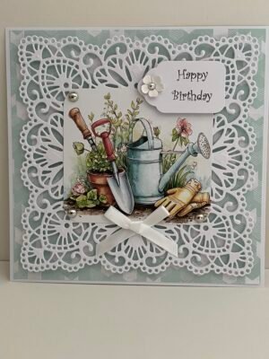 3D Handmade Birthday Card Topper. Spring Gardening Tools & Satin Bow