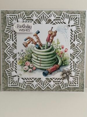 3D Handmade Birthday Card Topper. Garden Hose - Metal Craft Bee