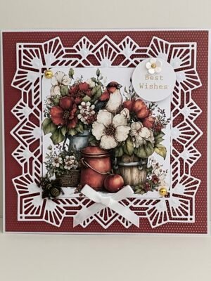 All Occasion 3D Handmade Card Topper - Red Rustic, Floral Farm Scene & Bird