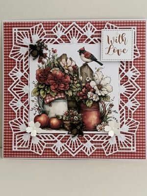 3D All Occasion Handmade Card Topper - Red Gingham Floral Farm Bird - With Love