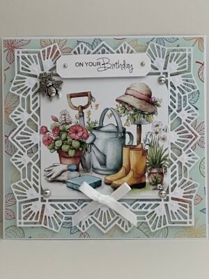 3D Handmade Birthday Card Topper - Spring Gardening Tools - Wellies - Bee