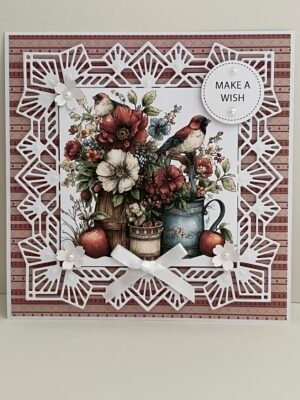 3D Handmade Birthday Card Topper - Red Apples, Country birds & Flowers. Make a Wish