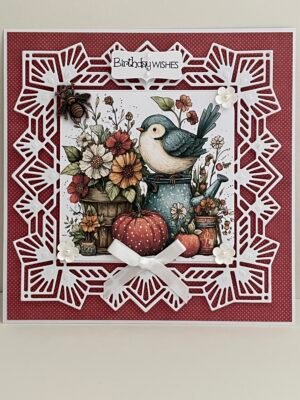 Handmade 3D Birthday Card Topper - Rustic Bird - Flowers - Polkadot Pumpkin