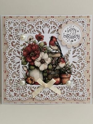 3D Handmade Birthday Card Topper - Red & Magnolia - Floral - Robins