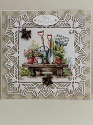 3D Handmade Birthday Card Topper - Gardening Tools, Bench & Wild Flowers, Bee's