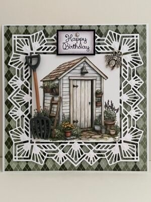 MALE 3D Handmade Birthday Card Topper - Garden Shed & Garden Fork - Bee